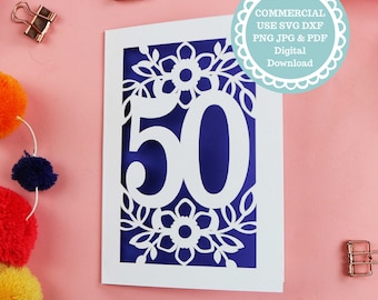 SVG PDF 50th Birthday Card Papercut Template, age 50 card SVG File for Cricut, Digital Download