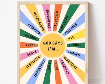 Decoración cristiana para habitación infantil: Afirmaciones bíblicas imprimibles de Dios dice YO SOY