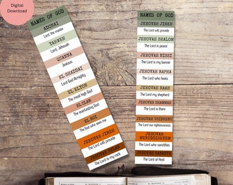 Marcadores bíblicos con los nombres de Dios, imprimibles cristianos (PDF)