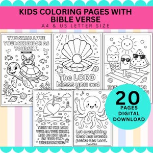 May include: A collection of 20 digital coloring pages for kids, featuring Bible verses and illustrations. The pages include images of a turtle, crab, seashell, ice cream, and an octopus. The text includes "Kids Coloring Pages with Bible Verse" and "A4 & US Letter Size."