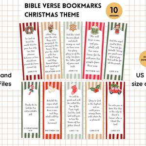 May include: A digital download featuring ten Christmas-themed Bible verse bookmarks. Each bookmark has a unique design with festive illustrations and scripture verses. The file sizes are US letter and A4.