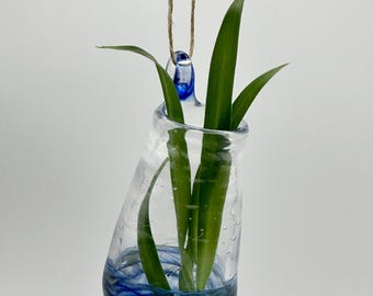 Handblown Glass Hanging Propagation Vase – Blue Swirl Base – Window Plant Holder – No. 3