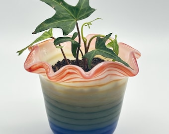 Handblown Rainbow Glass Planter with Ruffled Lip and Drainage
