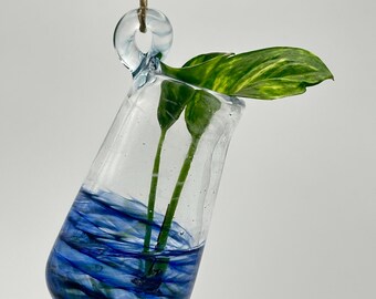 Handblown Glass Hanging Propagation Vase – Blue Swirl Base – Window Plant Holder – No. 6