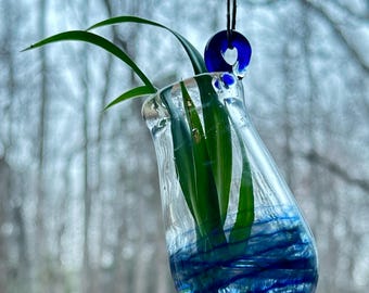 Handblown Glass Hanging Propagation Vase – Blue Swirl Base – Window Plant Holder – No. 2