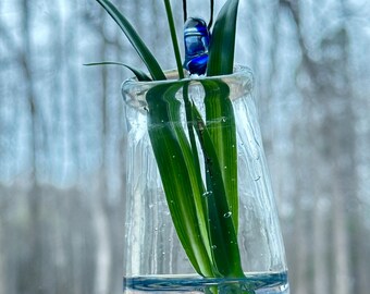 Handblown Glass Hanging Propagation Vase – Blue Swirl Base – Window Plant Holder – No. 1