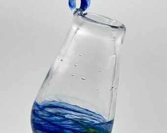 Handblown Glass Hanging Propagation Vase – Blue Swirl Base – Window Plant Holder – No. 5
