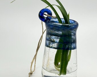 Handblown Glass Hanging Propagation Vase – Blue Swirl Lip – Window Plant Holder – No. 7