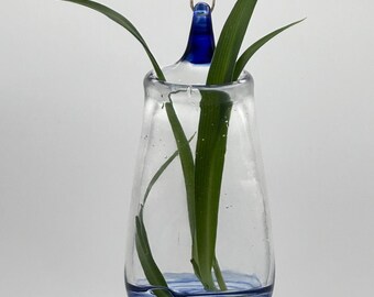 Handblown Glass Hanging Propagation Vase – Blue Swirl Base – Window Plant Holder – No. 4