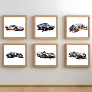 Dark Blue Watercolor Classic Race Car Prints - Set of 6 Nursery Posters, Boy Kids Room Decor - Print at Home!