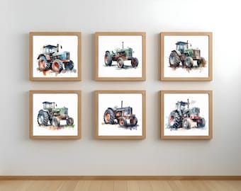 Watercolor Classic Tractor Art Prints - Set of 6, Blue Farm Equipment, Boys Kids room / Nursery Wall Décor