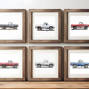 Aquarell Klassiker 80er und 90er Jahre GMC SIEierra Truck Art Prints - 6er Set, Auto Poster, Junge Kinderzimmer - Print at Home!