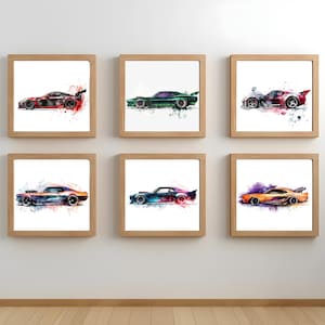 Stampe artistiche di auto da corsa classiche ad acquerello - Set da 6, poster di auto, cameretta per bambini, asilo nido Hot Wheels - Stampa a casa!