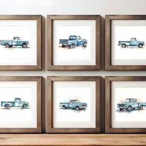 Watercolor Classic Pickup Truck Prints - Set of 6 Nursery Posters, Kids Room Decor - Print at Home!
