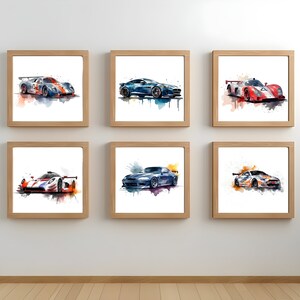 Watercolor Modern Race Car Prints - Set of 6 Nursery Posters Gift, Boy Kids Room Decor - Print at Home!