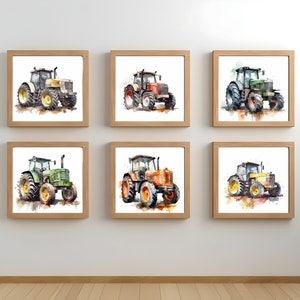 Impresiones artísticas de tractores clásicos en acuarela: juego de 6, equipo agrícola moderno, decoración de pared para habitación de niños o guardería