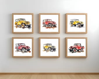 Watercolor Classic Jeep Prints - Set of 6, Boy Kids Room  / Nursery Wall Décor