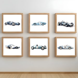 Light Blue Watercolor Classic Race Car Prints - Set of 6 Nursery Posters, Boy Kids Room Decor - Print at Home!