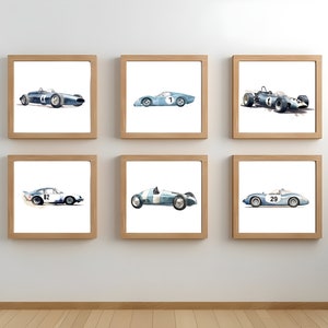 Impresiones de coches de carreras clásicos de acuarela - Juego de 6 carteles de guardería, decoración de la habitación de los niños - ¡Imprimir en casa!