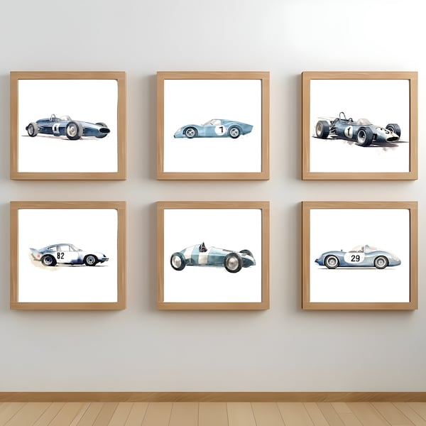 Watercolor Classic Race Car Prints - Set of 6 Nursery Posters, Boy Kids Room Decor - Print at Home!