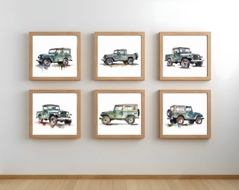 Watercolor Vintage Green Jeep Prints - Set of 6, Nursery Posters, Great gift to Print at Home!