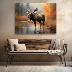 Canvas Galley Wrapped Wall Art, Extra large Sizes, Oil Painting Style, Traditional and Rustic Moose, Landscape Painting