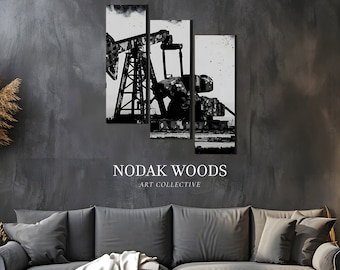 Greyscale Oil Rig | Set of 3 Gallary Canvas Print