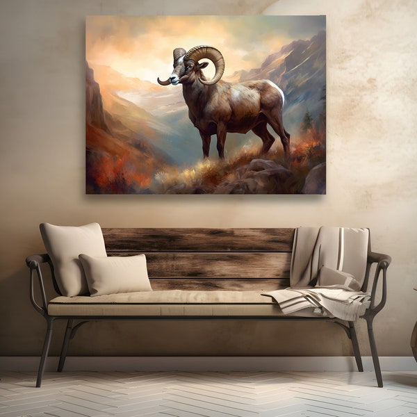 Art mural en toile, Impression animale, Art mural extra grand, Style peinture à l’huile, Mouton à grosse corne traditionnel et rustique
