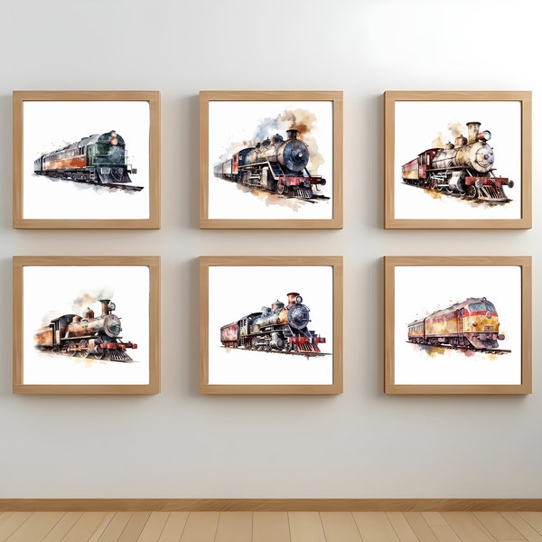 Watercolor Classic Trains Art Prints - Set of 6, Locomotive Poster, Boy Kids room, Nursery - Print from Home