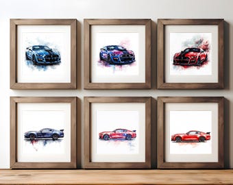 Watercolor 2020–2022 Shelby GT500, Car Art Prints - Set of 6, Car Poster, Nursery - Print at Home!