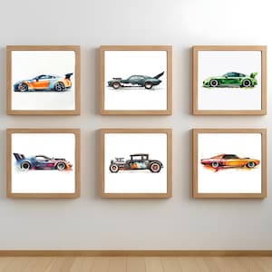 Watercolor Classic Race Cars Art Prints - Set of 6, Car Poster, Boy Kids room, Nursery Hot Wheels - Print at Home!
