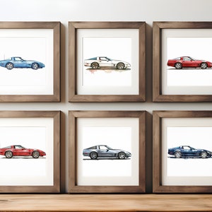 Watercolor Classic Chevrolet Corvette C4 (1984-1996) Art Prints - Set of 6, Car Poster, Nursery - Print at Home!