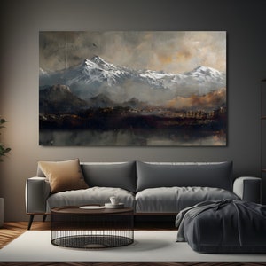 Landscape Wall Art | Muted Mountian Range Painting | Vintage Wall Art - Large Canvas Art Print