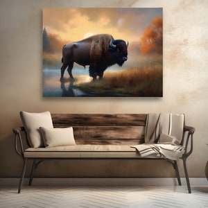 Canvas Galley Wrapped Wandkunst, extra große Größen, Ölmalerei-Stil, traditioneller und rustikaler Buffalo, Landschaftsmalerei von amerikanischem Bison