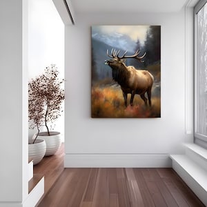 Canvas wall art, Animal print, Extra large wall art, Oil Painting Style, traditional and Rustic Elk Landscape