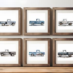 Impressions aquarelles classiques de camions GM des années 60 - Lot de 6, affiche de voiture, chambre d'enfant, chambre d'enfant - à imprimer à la maison !