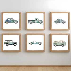 Watercolor Classic automobile Art Prints - Set of 6, Green Vintage Cars, Boy Kids room gift - Print at Home!