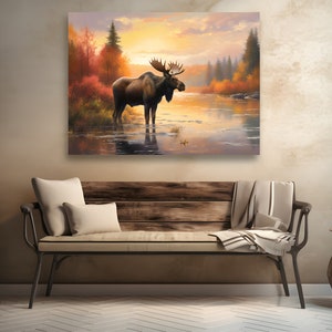Canvas wall art, Animal print, Extra large wall art, Oil Painting Style, traditional and Rustic Moose