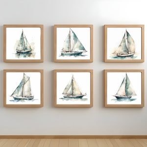 Watercolor Sailboat Art Prints - Set of 6, Green Printable Paintings / Nursery Wall Décor