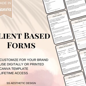 May include: A set of printable client forms for businesses. The forms include a client contract, client review form, policies and procedures, client intake form, and monthly review form. The forms are designed in a minimalist style with a beige background and black text.