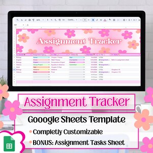 May include: A pink and orange Google Sheets template for tracking assignments. The template has a title that says "Assignment Tracker" and includes columns for course, assignment type, title, notes, status, due date, file, and notes. The template is customizable and includes a bonus assignment tasks sheet.