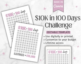 Plantilla imprimible de seguimiento de ahorros del desafío de ahorro de 10 000. Hoja de trabajo editable del desafío de ahorro de dinero. Descarga instantánea personalizable. Canva.