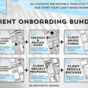 May include: A collage of six Canva templates for client onboarding. The templates are designed in a minimalist style with black and white text on a white background. The templates include a new client welcome pack, services and pricing guide, client based forms, new client questionnaire templates, client project proposal, and client profile package.