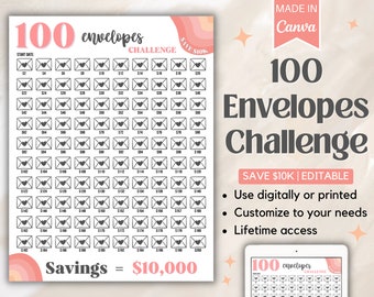 Puede incluir: Un gráfico imprimible de 100 sobres con un fondo rosa y naranja. El gráfico está diseñado para ayudarte a ahorrar 10.000 €. El gráfico tiene 100 sobres con los números del 1 al 100 y cantidades en euros de 2 € a 200 €. El texto "Ahorra 10.000 € | Editable" está en la parte superior del gráfico.