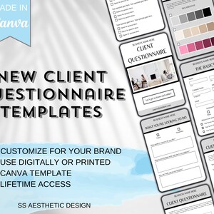 May include: A set of customizable client questionnaire templates for use in Canva. The templates are designed with a modern aesthetic and include sections for basic information, what the client is looking for, and a section for yes or no questions. The text on the image reads "New Client Questionnaire Templates".