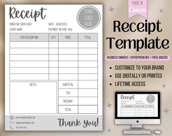 Small Business Printable Receipt Template Customizable | Invoice Template | Receipt Template Canva | Order Form Template | Business Form