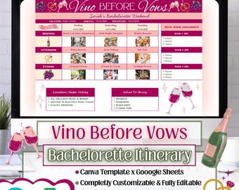 Vino Before Vows Bachelorette Itinerary Template | Bachelorette Party Itinerary | Girls Trip Itinerary | Bachelorette Weekend | Bach Party