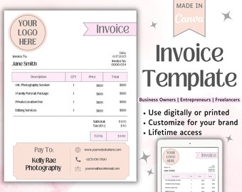Modèle de facture - Modèle de reçu - Modèle de bon de commande - Modèle de facture professionnelle - Modèle de facture modifiable Canva - Facture imprimable