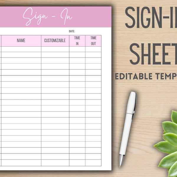 Editable Sign In Sheet, Instant Download, Sign In Sheet, Canva Template, Digital Download, Editable Template, Instant Download