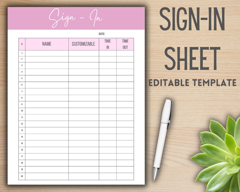 Editable Sign in Sheet Instant Download Sign in Sheet Canva Template